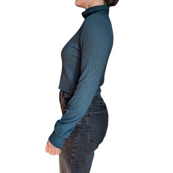 Garage Forest Green Turtleneck Ribbed Short Sweater Women Size Medium - Picture 2 of 11